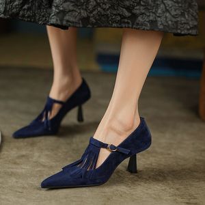 Blauwbruine Mary Jane schoenen met kwastjes en dunne hoge hak schapenvacht T-riem avondfeestpompen
