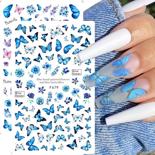 Blue papillon 3D Stickers de ongles Fleurs Feuilles de transfert auto-adhésifs Sliders enveloppe les manucures des foils DIY DÉCORATIONS HOT