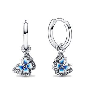 Pendientes de aro de mariposa azul Plata de ley auténtica con caja original para Pandora Moda Mujer Joyería de fiesta CZ Diamante Colgante Pendiente de perno Regalo de novia