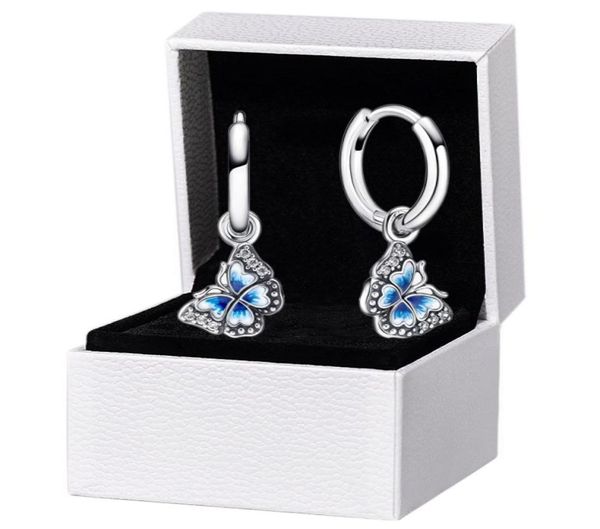 Boucles d'oreilles de cerceau de pendentif papillon bleu pour 925 Sterling Women Party Bielry Stud Earring3919779