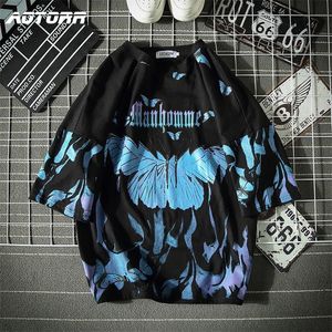 Blauwe Butterfly T-shirt Mannen Harajuku Hip Hop Korte Mouw Ees Casual Ops Streetwear Oversized Shirts Katoen Mens Kleding 220312