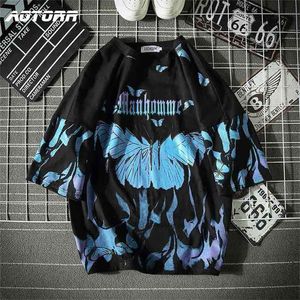 Blauwe Butterfly T-shirt Mannen Harajuku Hip Hop Korte Mouw Ees Casual Ops Streetwear Oversized Shirts Katoen Mens Kleding 210716