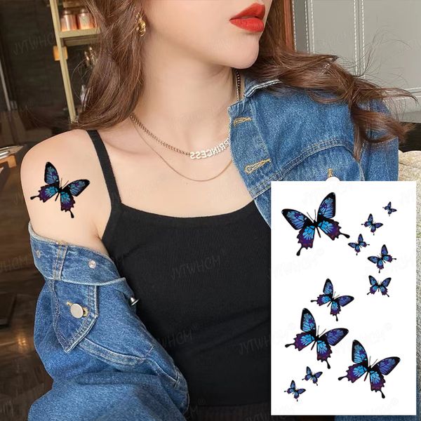 Tatouage papillon bleu femmes Sexy tatouage temporaire étanche coeur flamme faux tatouage bras épaule cou tatouage femmes et hommes