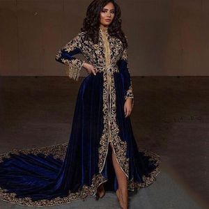 blauwe kaftan karakou algerien avondjurken lange mouwen hoog laag marineblauw fluweel goud kant peplum kaftan arabische dubai prom jurk