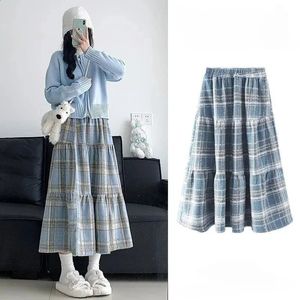 Blauwe cake rok dames herfst en winterhoogte kawaii mode aline Japanse retro gemiddelde lengte plaid 240323