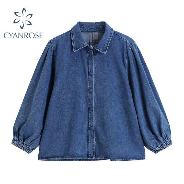 Cardigan bleu Denim Blouses ou Tops Femmes Streetwear Lâche Revers Jean Chemises Femme Manches Longues Mode Coréenne Blusas Mujer 210417