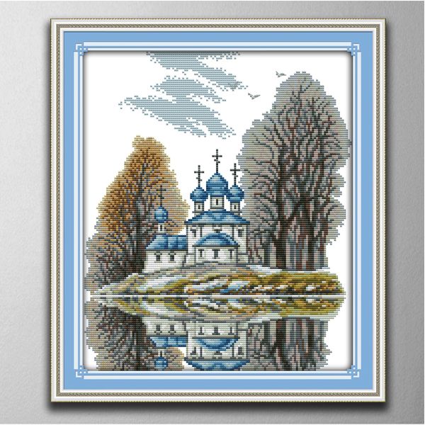 Château bleu fait à la main point de croix artisanat outils broderie couture ensembles compté impression sur toile DMC 14CT/11CT