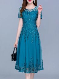 Blauw Casual Chiffon Mesh Koreaanse Lange Jurk Zomer Vrouwen 2023 Nieuwe Tunieken Midi Mode Elegante Prom Avondjurken Korte mouw