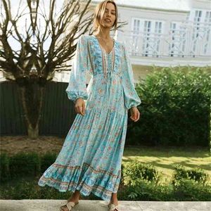 bleu décontracté maxi robe femmes printemps automne longue à lacets taille floral boho élégant dames manches 210427