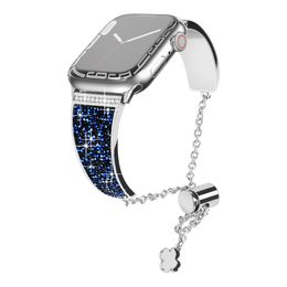 Blauwe ketting meisjesbanden voor Apple Watch Horloges Bands iwatch S7 Strap Series 1 tot 7 SE 40MM 45MM Zinklegering Designer Horlogeband met glitterkristallen Smartwatch Band VS