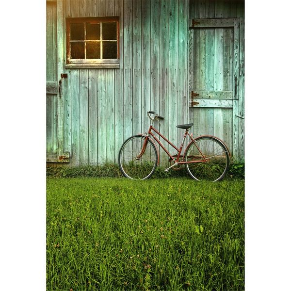 Fondo de fotografía de puerta de madera de chalet azul, bicicleta de vinilo, suelo de hierba verde, accesorios para fotos de bebé recién nacido, fondo de retrato de estudio para niños