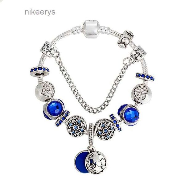 Bracelets à pendentif lune et étoile à breloque bleue pour bijoux de fête plaqués argent 925 pour femme, cadeau pour petite amie, chaîne serpent, ensemble de bracelets à breloques avec boîte d'origine M8Q0