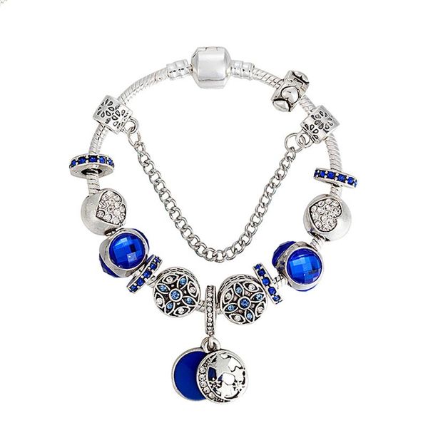 Blue Charm Moon and Star Pendant Bracelets pour Pandora 925 Silver plaqué de bijoux pour femmes Girlfriend Gift Snake Chain Charms Bracelet Bracelet avec boîte d'origine