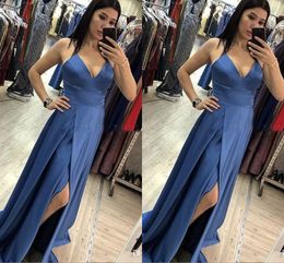 Blue Cheap Royal A Line Prom Dresses Spaghetti Correas de lado alto División de fiesta Formal Fiest Vestidos Vestidos de la noche Rente de Soiree