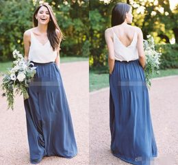 Blue pas cher Brasse Bridesmaid Robes Spaghetti STACHES SCALLOPED LONGUEUR DE PLANCE