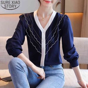 Blauwe Chiffon Shirt Cardigan Lange Mouwen Blouses Tops Mode Herfst Dames Shirts V-hals Solid Ruches Blusas Kleding 10963 210417