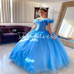 Blauwe Assepoester Quinceanera -jurken Off schouders Baljurken Vestido de 15 Anos Vijftien verjaardag Formele prom -jurk voor speciale gelegenheid 2024 Zestien feestjurk