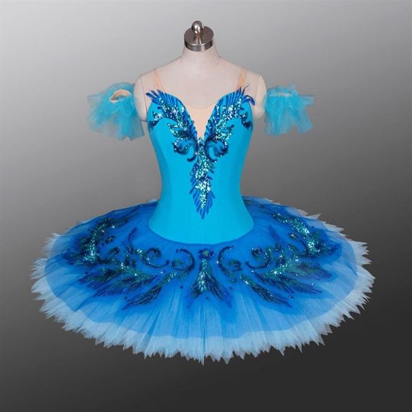Costume de scène de ballet classique bleu pour les femmes crêpe tutu jupe oiseau bleu variation tutu filles adultes ballet professionnel tutus pa3216