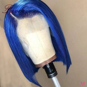 Korte blauwe kleur 13x4 kantpruiken Braziliaanse Remy Haar voor Dames Pre Geplukt Roze Groen Geel Bruin Lijmloze Bob Pruiken