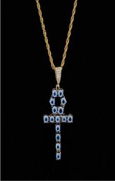 Couleur bleu Egyptien Ankh Key of Life Collier 18K Gold plaqué Copper Pendant Cubic Zirconia Hip Hop Jewelry3052707
