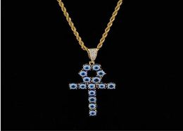 Collier clé de vie égyptien Ankh de couleur bleue, pendentif en cuivre plaqué or 18 carats, zircone cubique, bijoux Hip Hop 1865250
