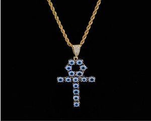 Blauwe kleur Egyptische Ankh Key of Life ketting 18K Gold vergulde koperen hanger kubieke zirkonia hiphop sieraden4612166