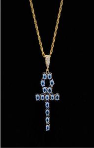 Blauwe kleur Egyptische Ankh Key of Life ketting 18K Gold vergulde koperen hanger Cubic Zirconia Hip Hop Jewelry3052707