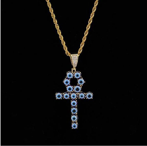 Couleur bleue égyptienne Ankh clé de vie collier 18K plaqué or cuivre croix pendentif cubique zircone Hip Hop bijoux