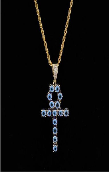 Couleur bleu Egyptien Ankh Key of Life Collier 18K Gold plaqué Copper Pendant Cubic Zirconia Hip Hop Jewelry3052707