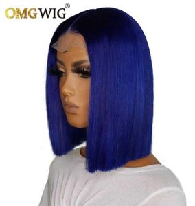 Blauwe kleur korte bob -pruik menselijk haar HD -kant frontale pruiken voor vrouwen vooraf geplukte Braziliaans Remy Hair 4x4 Sluiting Wig Bone recht S5321329