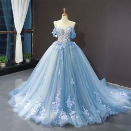 Blauw gekleurde trouwjurk van de schouder baljurk prinses 3d bloemen kant korset terug niet-witte bruid jurk romantisch