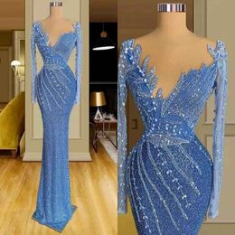 Blauwe kolom Prom-jurken V-hals Lange-mouw vloerlengte Lace Design Appliques pailletten Beading beroemde avondjurken plus maat op maat gemaakte L24743