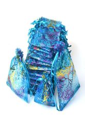 Blue Coralline Organza Drawstring sieraden verpakkingen Pouches Party Candy Wedding Favor cadeaubogels Design Sheer met verguldenpatroon 9719762