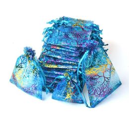 Bolsas de embalaje de joyería con cordón de organza coralina azul, bolsas de regalo para fiesta de dulces, recuerdo de boda, diseño transparente con patrón dorado 283Z