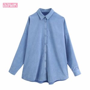 Blauwe corduroy revers lange mouw buitenkleding chique damesjasje top Koreaanse harajuku mode eenvoudige single-breasted vrouwelijke jas 210507