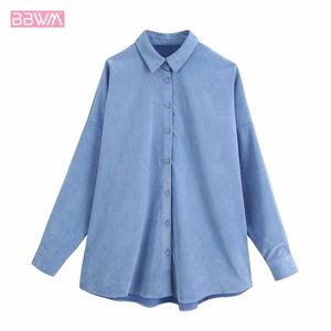 Bleu Corduroy Revers À Manches Longues Vêtements D'extérieur Chic Veste Femme Top Coréen Harajuku Mode Simple Manteau Femme À Poitrine 210507