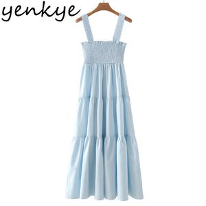 Bleu coton robe d'été femmes élastique col carré sans manches Vestido élégant dame vacances décontracté robes de soirée 210430