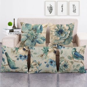 Blue Country Style Kussensloop inkt Bloemen en vogels Hoogwaardige linnen Materiaal Kussensloop Kussenkussen 45 * 45cm / 17.7 * 17.7inch XG0170