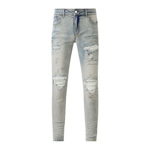 jeans violet jeans Blue Cow déchiré patchwork cuir lavé jeans en détresse Jeans pour hommes jeans de rue effilochés pantalons patchés Jeans serrés élastiques bleus