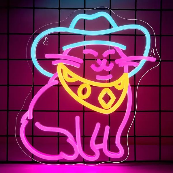 Enseigne au néon de chat de chapeau de cowboy bleu, lumière LED alimentée par USB pour la fête, le mariage, l'anniversaire, la salle de jeux, pour la décoration d'Halloween, de Noël et du nouvel an