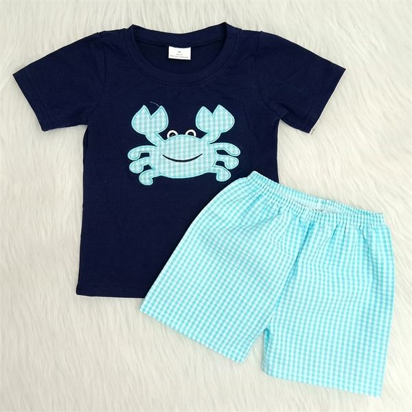 Blue Crab Pattern Boys Bordery Summer Outfit Boy Raglan Match Seersucker Shorts 2 piezas Conjunto de ropa para niños 240323