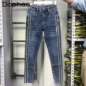 Blue Cropted Jeans Women Spring rekbare hoge taille afslankte Heany Rhinestone Skinny Pencil denim broek vrouwelijke broek 231221