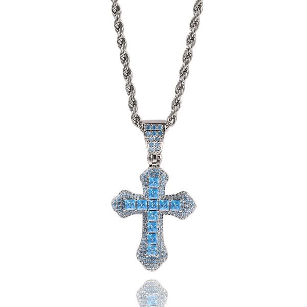 Croix Bleue Pendentif Collier 2 Couches Glacé Baguette CZ Pierres Charmes Bijoux De Mode pour Cadeau