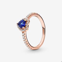 Cristal bleu diamant coeur anneaux pour Pandora 18K or rose bague de mariage ensemble bijoux de créateur pour femmes petite amie cadeau 925 bague d'amour en argent avec boîte d'origine