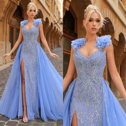 Robes de soirée en cristal bleu élégant avec des perles de paillettes surjupe robe de bal épaule à volants robes longues pour des occasions spéciales robe de soirée fendue