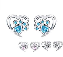 Blue Crystal Pet Paw Stud -oorbellen voor meisjes hartvorm CZ Footprint oor studs sieraden vrouwen Design Bijoux SCE65432155089904104