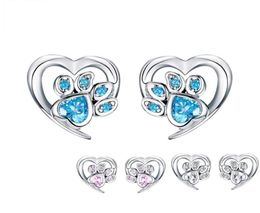 Blauw kristal huisdier poot oorbellen voor meisje hartvorm cz voetafdruk oor noppen sieraden vrouwen ontwerp Bijoux SCE65432155086529655