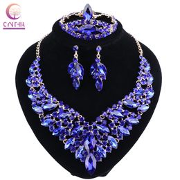 Blue Crystal Rhinestone Goud Kleur Ketting Oorbellen Armband Ring Set voor Vrouwen Bruiloft Bridal Sieraden Sets