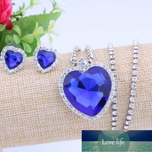 Blue Crystal Zirkoon Titanic Heart of Ocean Hanger Ketting Stud Oorbel Set voor Vrouwen Meisjes Klassieke Charm Mode Sieraden Set Factory Prijs Expert Design Quality