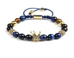Blue Cz Crown Men Bracelets enteros de 8 mm Natural Tiger Stone Beads Joyería MacRame con cuentas de acero inoxidable2741752